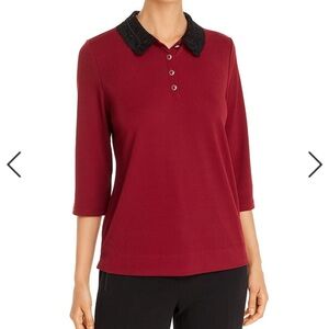 Karl Lagerfeld Burgundy Button Down Shirt with Black Lace Collar